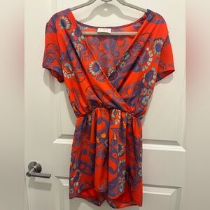 Everly Orange Paisley Romper Small Boho Short Sleeve Jumpsuit